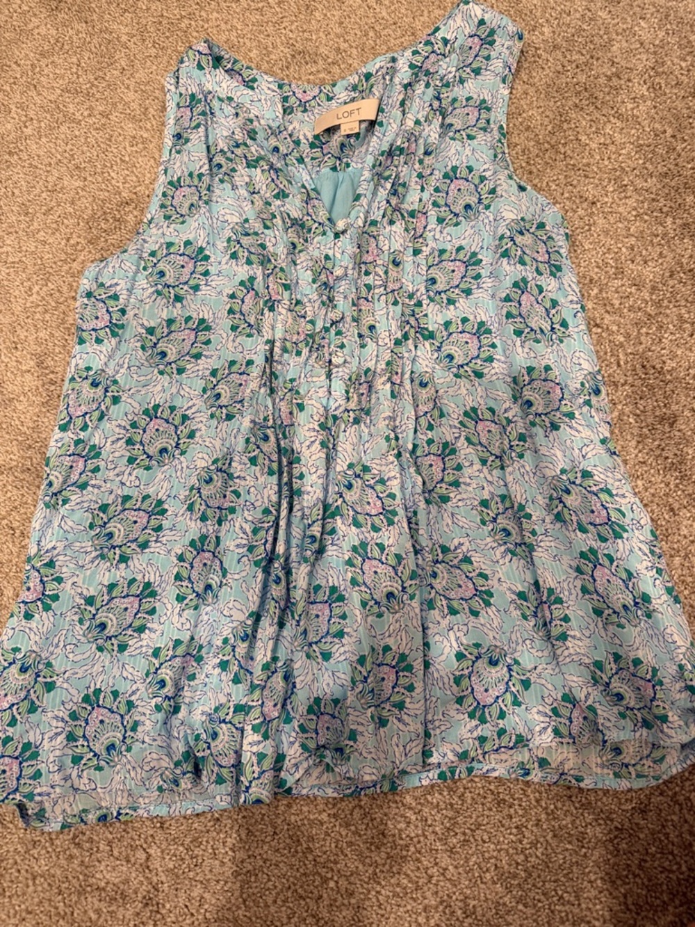 LOFT Mint Blue Floral Pleated Sleeveless Shell